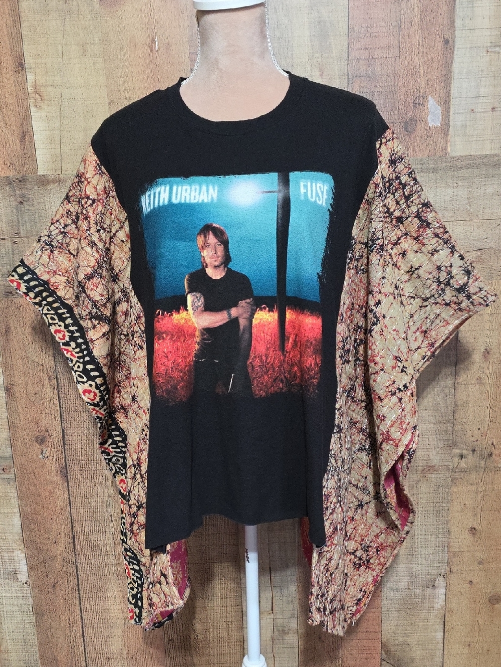 Upcycled Keith Urban Tee With Kantha Kimono Sleeves
